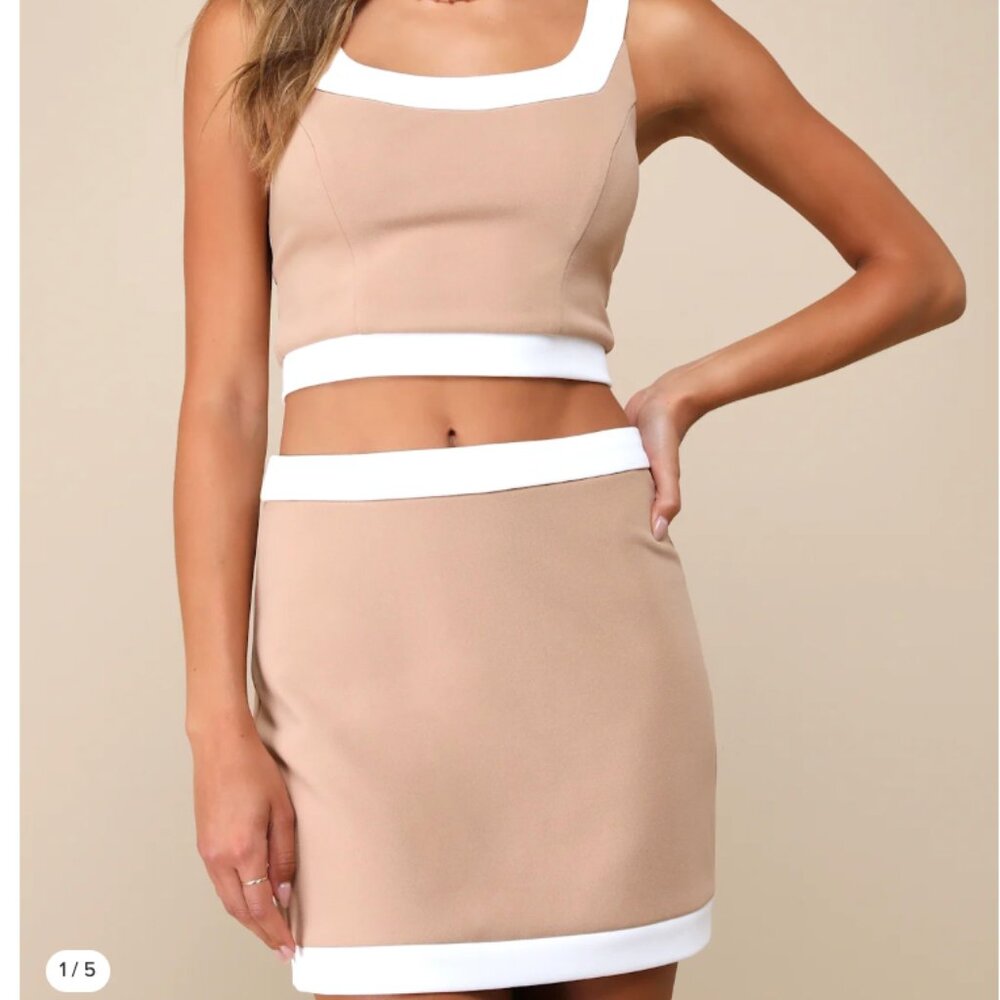 Totally Sensational Tan Color Block Bodycon Mini Skirt & Crop Top